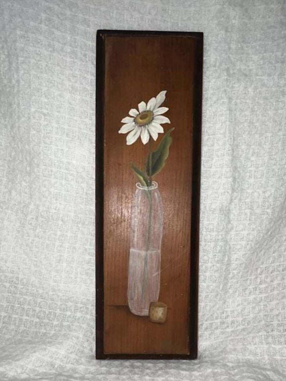 Vintage Hand Painted Daisy in Vase Wood Wall Plaque 1981